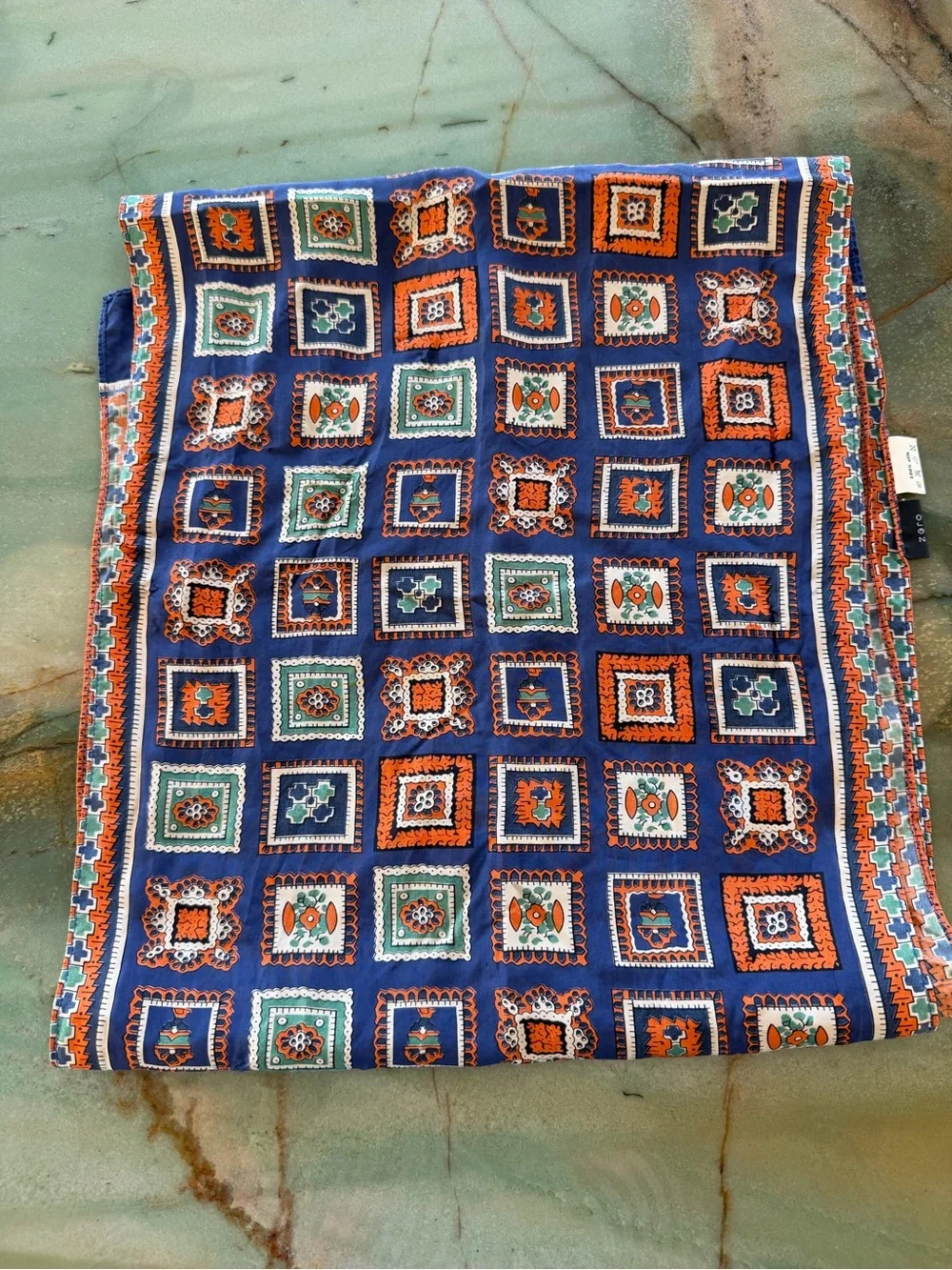 VTG zero Silk Satin Long Rectangle Scarf Geometric Blue Orange Green White 58x30